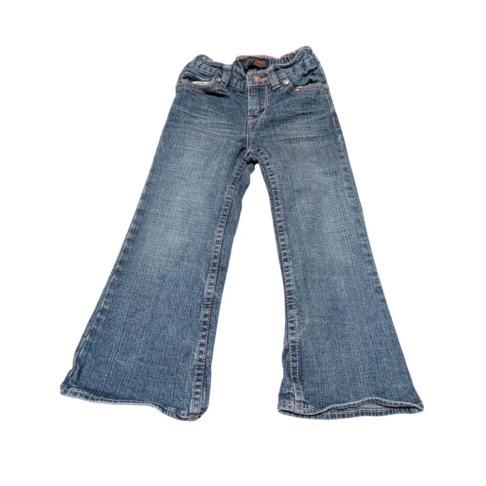 Levi's Jeans Girls 3T Blue Bootcut Heart Pocket Pink Stitching Rhinestone Denim